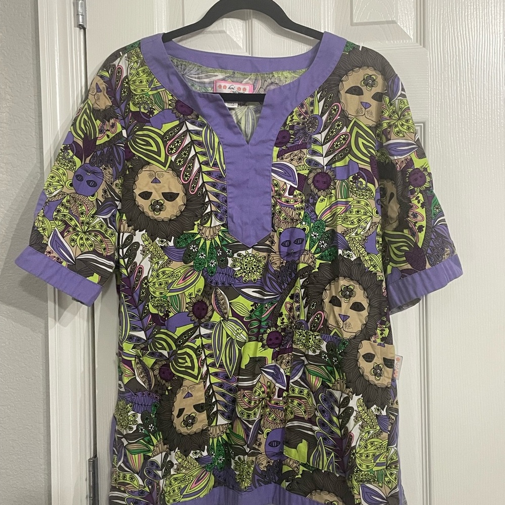 XL Scrub Top Colorful Animal Print Koi by Kathy Peterson in Purple & Lime Green